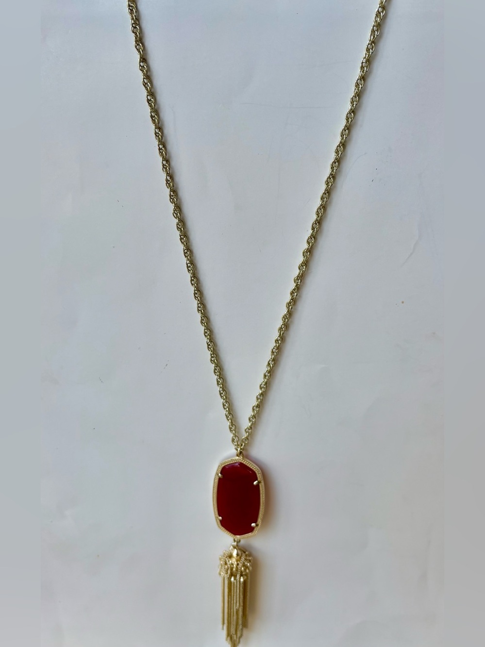 Kendra Scott Rayne maroon pendent tassel Necklace long 30 inch gold plated chain